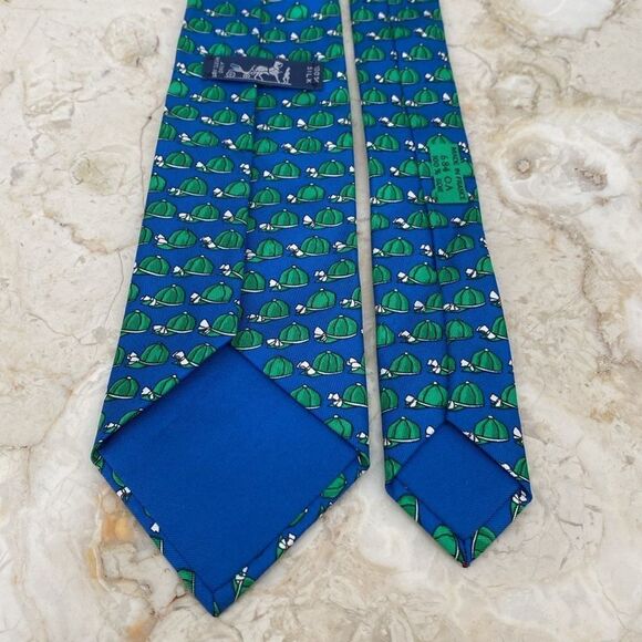 Hermes 100% Silk Blue & Green Horse Jockey Hat (684 OA) Tie - Picture 6 of 10